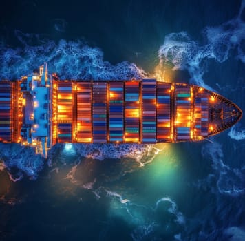 Aerial view of a container ship sailing on the ocean at night, lights illuminating the deck and containers.