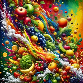 Abstract digital art of fruits and vegetables in vibrant, swirling colors and patterns. A high-quality photo.