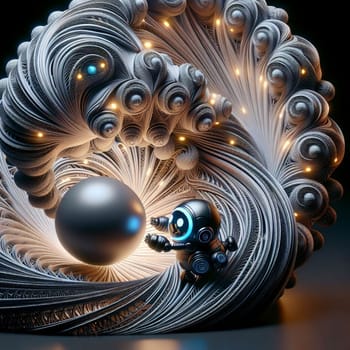 A small robot interacts with a large, abstract, swirling metallic structure. A high-quality photo.