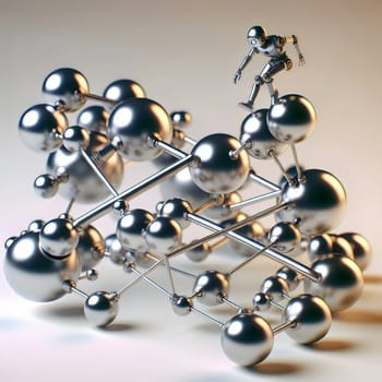A small robot stands atop a complex, metallic structure of spheres and rods. A high-quality photo.