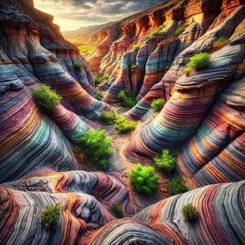 A canyon with vibrantly colored, swirling rock formations, with green bushes growing in the crevices. A high-quality photo.