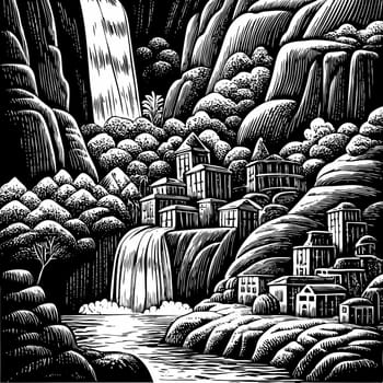 Black and white woodcut-style illustration of a village nestled amongst a waterfall and lush foliage. A high-quality photo.