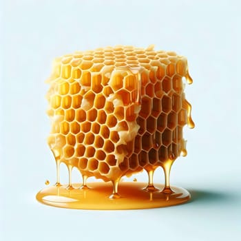 A honeycomb with honey dripping down, set against a light blue background. A high-quality photo.