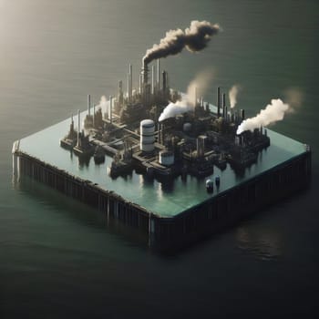 An industrial complex sits on a square island in the ocean, emitting dark smoke from its many smokestacks. A high-quality photo.
