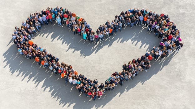 Large group of people forming a heart shape, symbolizing unity, love, and teamwork