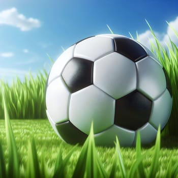 A soccer ball sits in lush green grass under a bright blue sky. A high-quality photo.