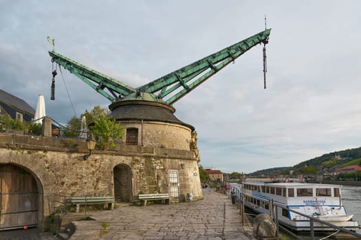 Wuerzburg, Germany – September 25, 2024: the Alter Kranen industrial monument on the Kranenbastion on the banks of the River Main in Wurzburg