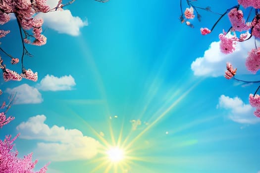 spring flowers trees blue sky nature bright colors pink flora alt illustration card season march. High quality 3d illustration