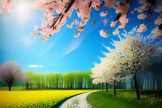 spring flowers trees blue sky nature bright colors flora alt illustration card season march. High quality 3d illustration