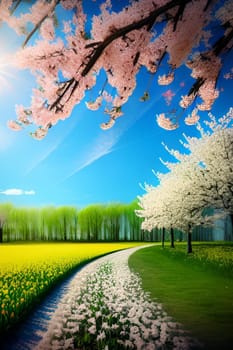 spring flowers trees blue sky nature bright colors flora alt illustration card season march. High quality 3d illustration