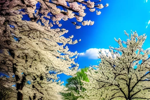 spring flowers trees blue sky nature bright colors flora alt illustration card season march. High quality 3d illustration