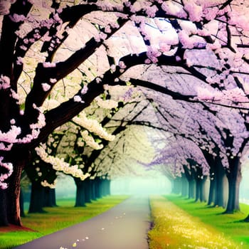 spring flowers trees beautiful park green nature bright colors pink flora alt illustration card season march. High quality 3d illustration