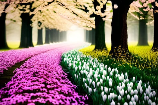 spring march flowers nature trees forest beauty white tulips violet purple fantasy landscape art background . High quality photo frame illustration alt