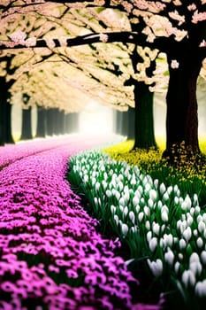 spring march flowers nature trees forest beauty white tulips violet purple fantasy landscape art background . High quality photo frame illustration alt