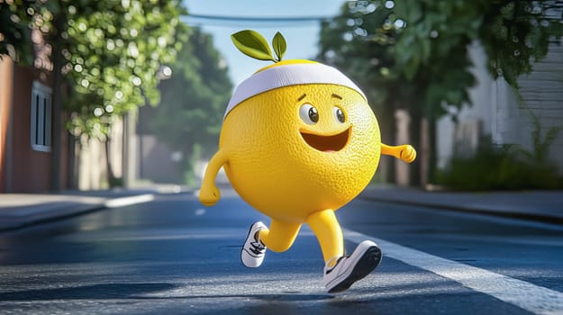 Yellow cartoom lemon running on city street. Sport concept. Ai art