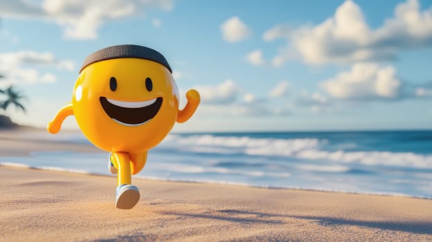 Cartoon smiley with sweatband running by the seashore. Ai art