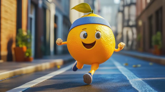 Yellow cartoom lemon running on city street. Sport concept. Ai art