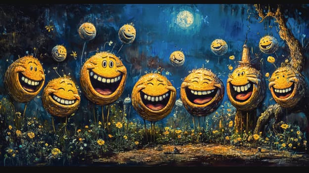 A group of laughing emojis. Cartoon smiley. Ai art