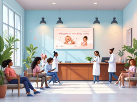 Parents and children wait in a bright, cheerful clinic waiting room. Medical professionals attend to patients at the reception desk. The atmosphere is serene and family-friendly.