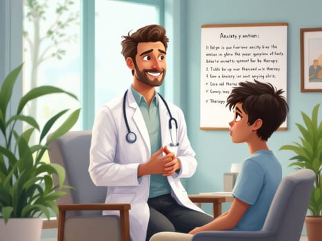 A kind doctor listens attentively as a boy describes his anxieties. The setting is a calm and welcoming office, promoting a safe space for open conversation and healing.
