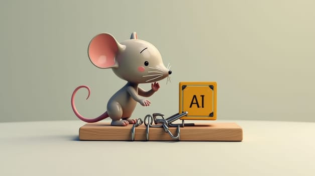 A 3D-rendered image depicts a cute cartoon mouse encountering a cube marked 'AI' on a classic wooden mousetrap. The scene is set against a neutral background, creating a playful yet thought-provoking juxtaposition.
