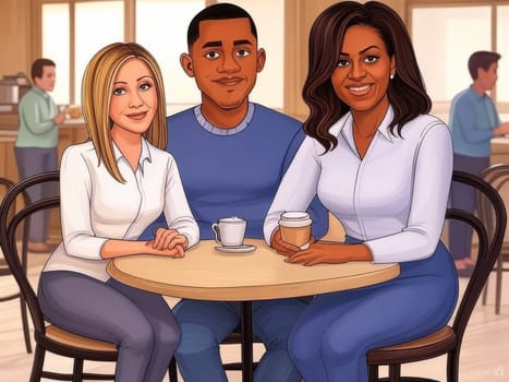 A stylized illustration depicts three people—a man and two women—sharing a light moment in a cafe setting. The scene suggests camaraderie and casual interaction.