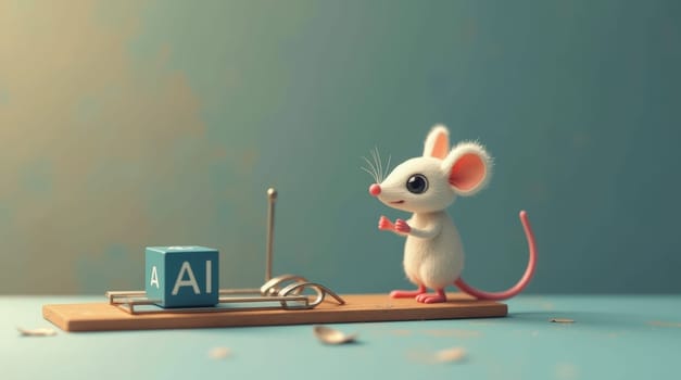 A 3D-rendered illustration depicts a fluffy white mouse cautiously observing a blue cube marked 'AI' positioned on a mousetrap. The scene is set against a muted teal background, hinting at a conceptual narrative.