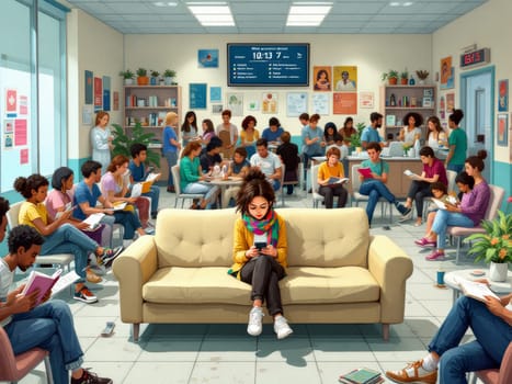 A bustling waiting area filled with people of different ages and ethnicities. Some are reading, others are on their phones, creating a vibrant scene of shared waiting time.