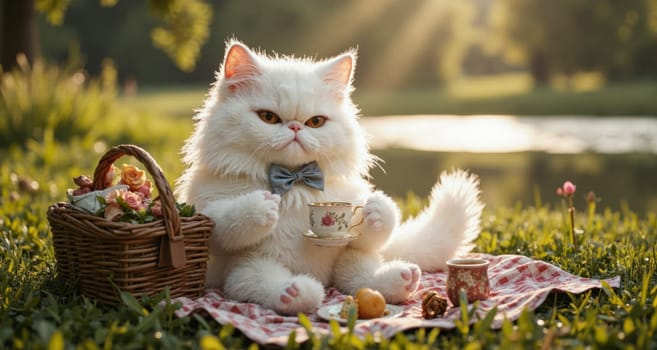 A white cat is sitting on a blanket with a basket of food and a cup. The cat is wearing a bow tie and he is enjoying a picnic