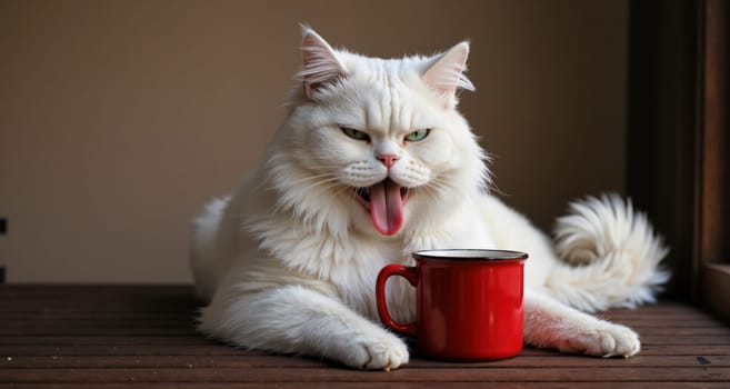 A white cat with blue eyes and a pink nose. The cat is sitting on a black surface