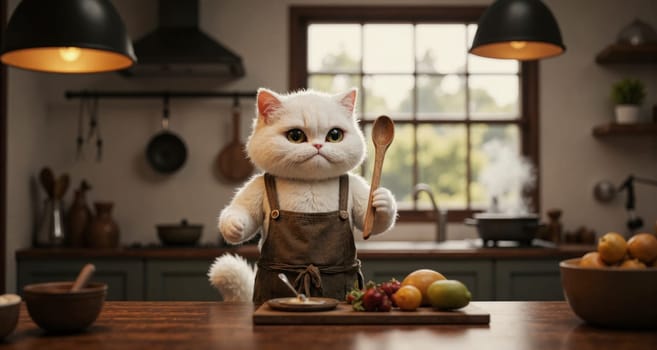 A cat is cooking in a kitchen with a pot of boiling water on the stove. The cat is wearing an apron and holding a spoon. The scene is playful and lighthearted, as the cat is not a human but a cat