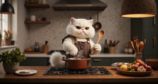 A cat is cooking in a kitchen with a pot of boiling water on the stove. The cat is wearing an apron and holding a spoon. The scene is playful and lighthearted, as the cat is not a human but a cat