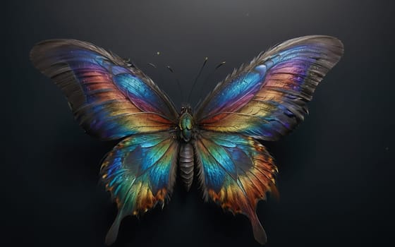 A colorful butterfly with a black body and blue wings. The butterfly is surrounded by a dark background
