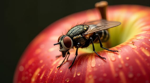 A fly is on top of an apple. The apple is red and shiny. The fly is black and has red eyes