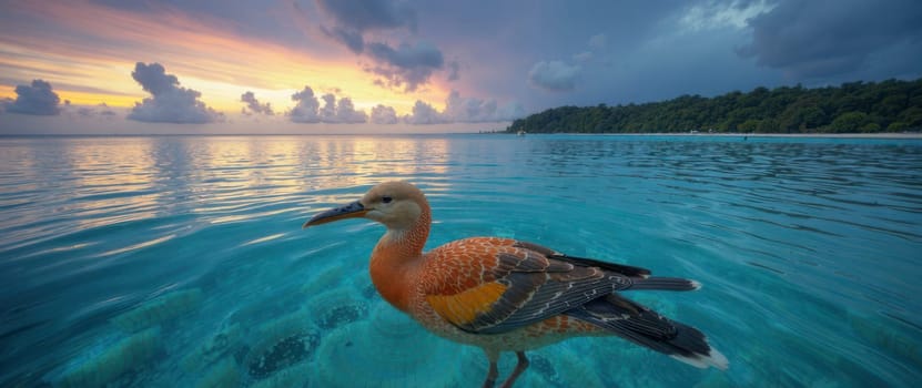 A bird is swimming in the ocean. The sky is orange and the water is blue. The bird is surrounded by rocks