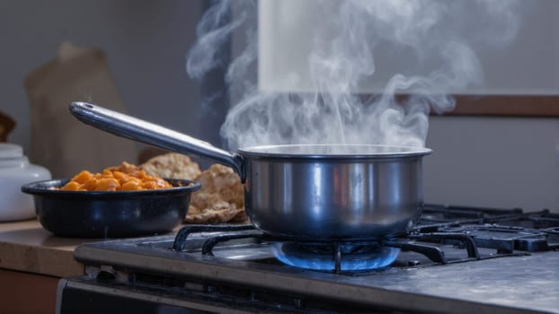 A pot of food is cooking on a stove with steam coming out of it. The steam is rising and the pot is on a burner