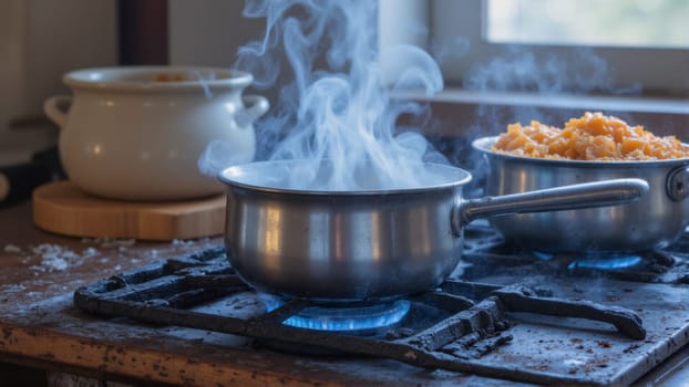 A pot of food is cooking on a stove with steam coming out of it. The steam is rising and the pot is on a burner