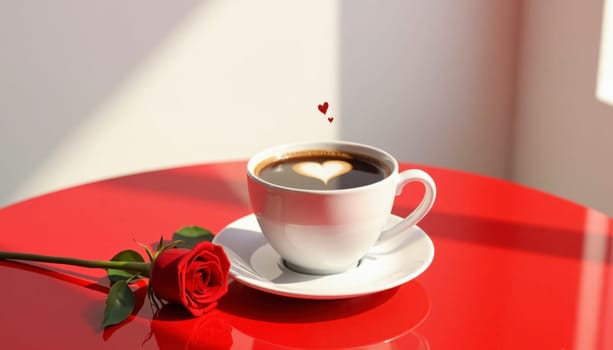 A white coffee cup with a heart drawn on it sits on a red table. A rose is placed on the table next to the cup. Concept of romance and warmth, as the cup and rose are symbols of love