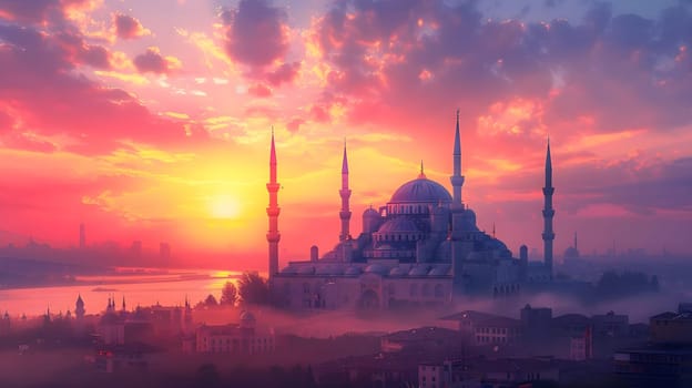 Majestic Mosque at Sunset: A Cityscape of Architectural Wonders Bathed in Golden Hues, Tranquil Atmosphere, and Serene Beauty, Capturing Breathtaking Views. Spiritual and Cultural Significance in Urban Setting.
