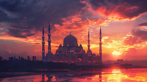Majestic Mosque Silhouette at Sunset: A Breathtaking Architectural Marvel Reflecting in Calm Waters, Vivid Colors Illuminating the Sky During Golden Hour, Peaceful and Serene Atmosphere.