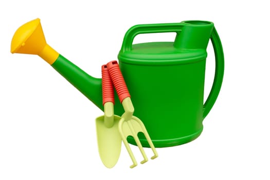 gardening set with green garden watering can stand on white backround.
