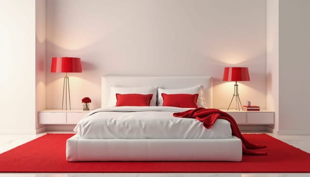 A white bed with red pillows and a red blanket. The bed is surrounded by red carpet and there are two lamps on either side of the bed. The room is very clean and well-organized