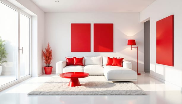 A living room with a white couch and a red coffee table. The room is decorated in red and white, giving it a cozy and inviting atmosphere