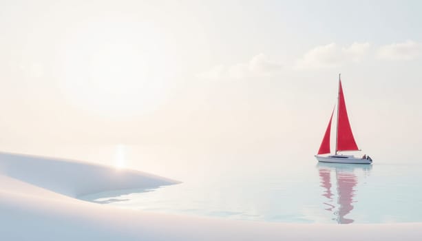 A red sailboat is floating on a calm body of water. The sky is clear and the sun is shining brightly, creating a serene and peaceful atmosphere