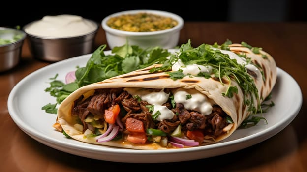 Savory Grilled Wrap with Saucy Meat, Fresh Vegetables, and Zesty Cilantro: A Delicious Culinary Adventure Featuring Exquisite Flavor Combinations and Aromatic Herbs.