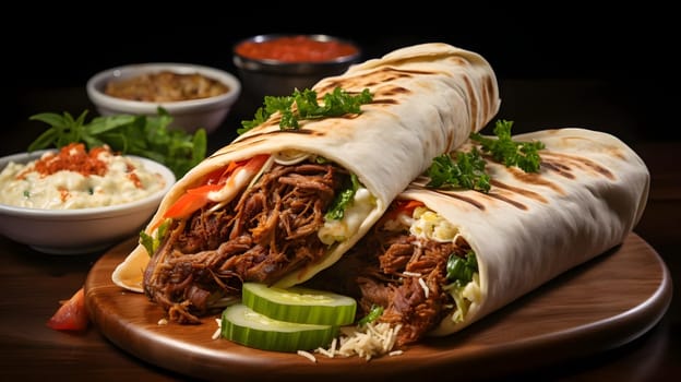 Delicious Pulled Meat Burrito Recipe: Savory Filling, Grilled Tortilla, Fresh Veggies, Creamy Sauce, and Zesty Spices; Perfect Lunch or Dinner Meal