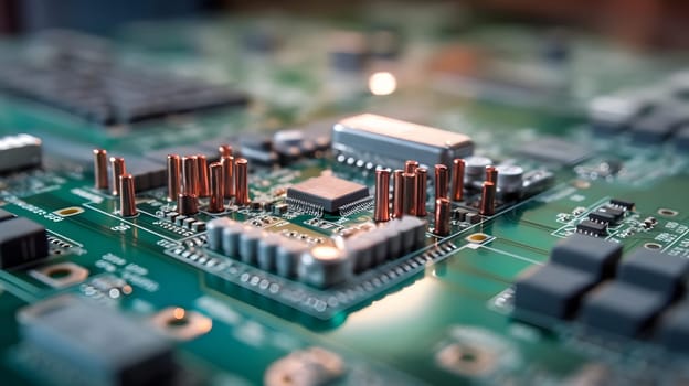 Exploring the Intricate World of Circuit Boards: A Close-Up View of Electronic Components and Their Precise Arrangement on a Green Printed Circuit Board, Showcasing the Complexity and Precision of Modern Electronics Manufacturing, Highlighting the Miniature Integrated Circuits, Resistors, and Capacitors Essential for Functionality.