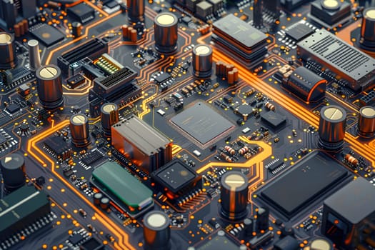 Exploring the Intricate Circuits: A Detailed Look at Motherboard Components and their Connections, Highlighting Advanced Technological Design with Illuminating Orange Traces.