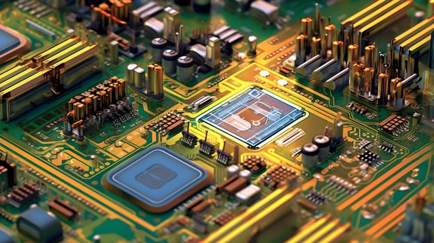 Exploring the Intricate World of Circuit Boards: A Close-Up View of Microchips, Processors, and Electronic Components, Revealing the Complex Inner Workings of Modern Technology with Amazing Detail.