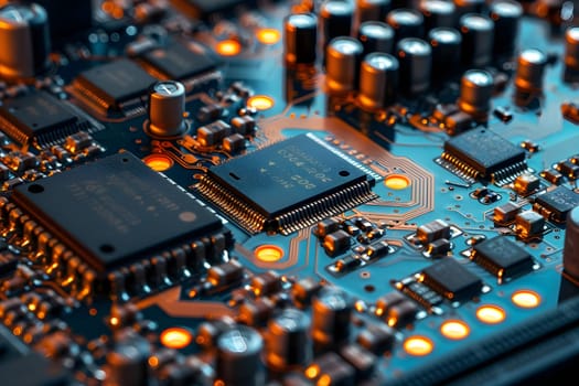 Exploring the Intricate Circuit Board:  A Close-Up View of Microchips, Capacitors, and Integrated Circuits Illuminating Technological Advancement with High-Definition Detail, Showcasing Modern Electronics Manufacturing Processes.